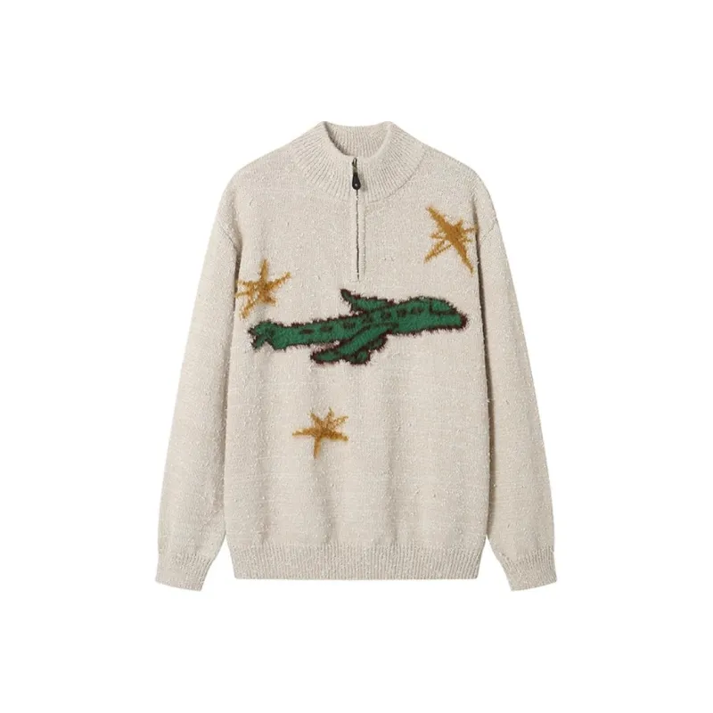 WULISHAONIAN Top With Muscle Texture Zip Closure Half Turtleneck Knitted Fabric Sweater Unisex Beige Green-0