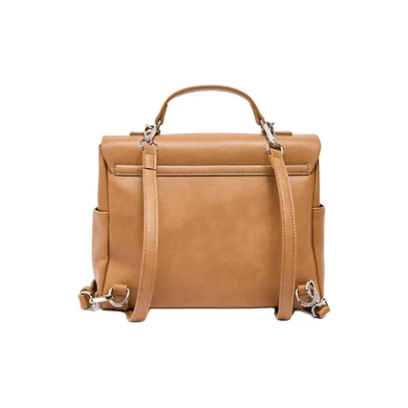 Three Blessings PU Satchel Bag Portable Backpack Medium Size Women's Khaki/Ivory White-2