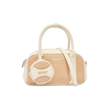 Three Blessings PU Boston Bag, Shoulder Bag, Handbag Medium Size Women's Khaki