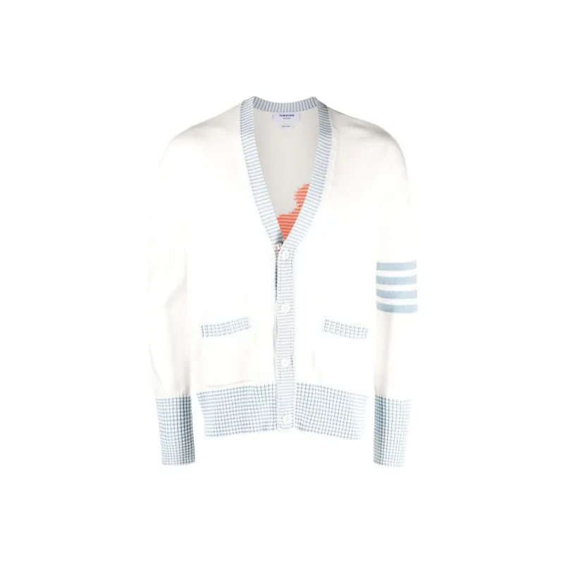 THOM BROWNE· Cotton 4 Bar V Neck Hector Cardigan Knitwear Men's White-0