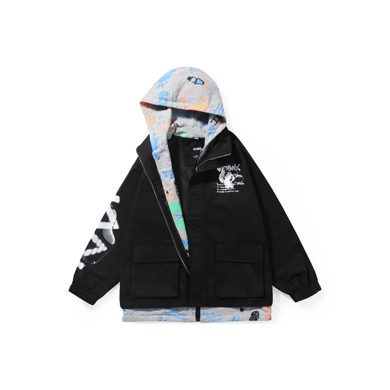 GENANX Loose Fit Mock Two Piece Jacket Unisex Black Gray-0