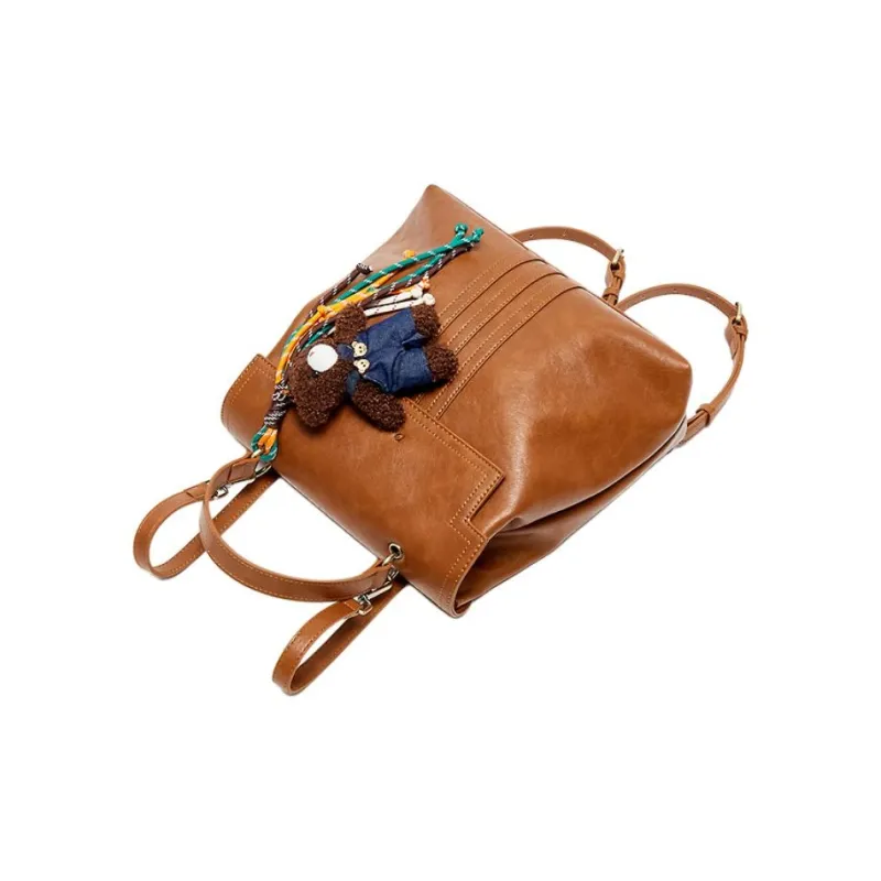 Three Blessings PU Backpack Medium Size Women's Brown-4