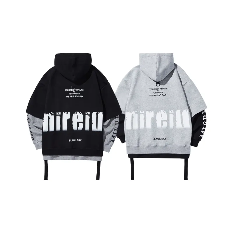 GUKUUL Letter Print Patchwork Loose Fit Drawstring Hoodie Unisex-7