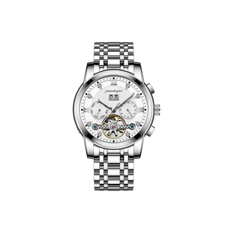 POEDAGAR Mechanical Movement Stainless Steel Watchband Men's Watches Black Dial-7