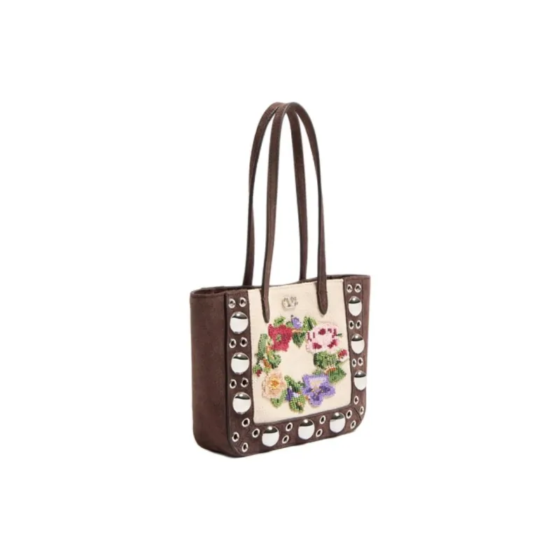 Valentino Linen Tote Bag, Shopping Bag, Shoulder Bag Mini Women's Deep Brown & Multicolor-1