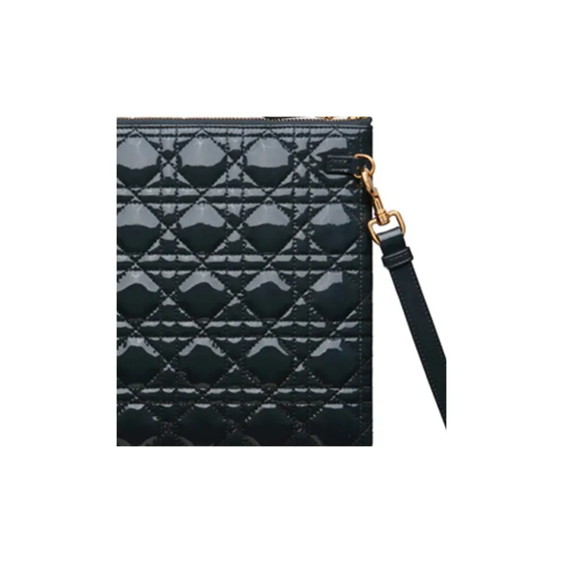 DIOR Caro Patent Leather Calfskin Handbag Clutch Large Size Women's Blue Black-3