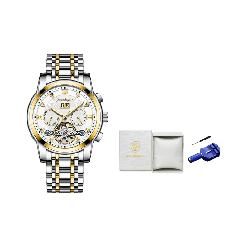 POEDAGAR Mechanical Movement Stainless Steel Watchband Men's Watches Black Dial-15