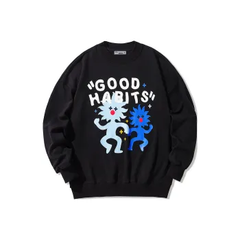 GUKUUL Fun Cartoon Letter Print Crew Neck Loose Fit Pullover Long Sleeved Sweatshirt Unisex