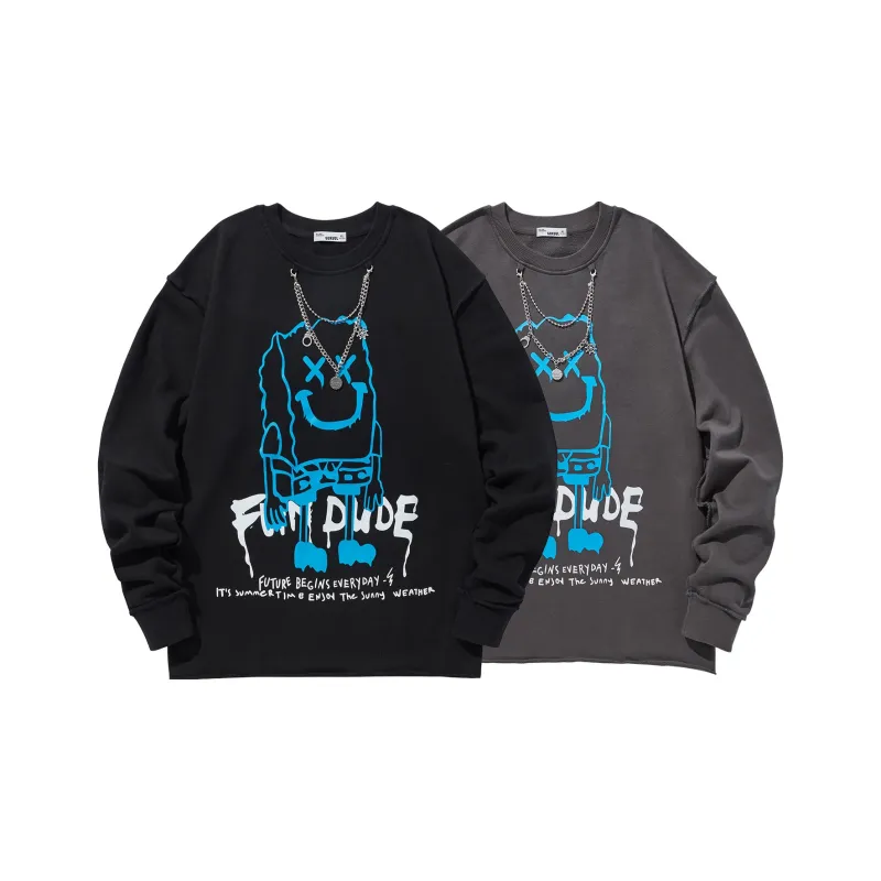 GUKUUL Cartoon Graffiti Letter Print Crew Neck Sweatshirt Unisex-8