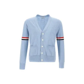 THOM BROWNE· Wool Relaxed V Neck Armband Cardigan Knitwear Men's Light Blue