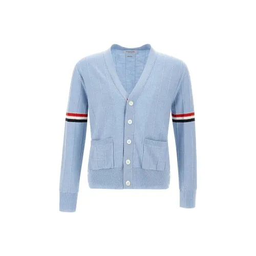 THOM BROWNE· Wool Relaxed V Neck Armband Cardigan Knitwear Men's Light Blue