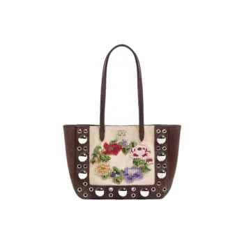 Valentino Linen Tote Bag, Shopping Bag, Shoulder Bag Mini Women's Deep Brown & Multicolor
