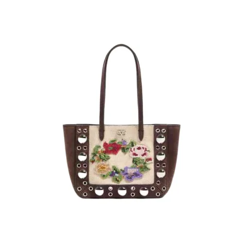 Valentino Linen Tote Bag, Shopping Bag, Shoulder Bag Mini Women's Deep Brown & Multicolor