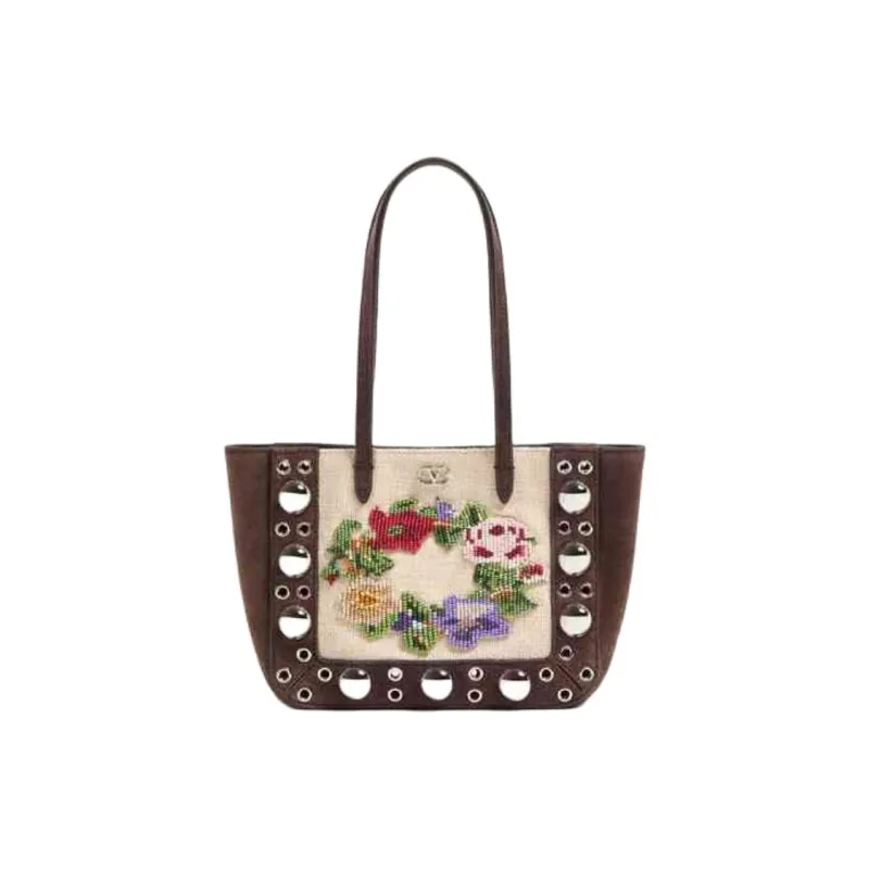 Valentino Linen Tote Bag, Shopping Bag, Shoulder Bag Mini Women's Deep Brown & Multicolor-0