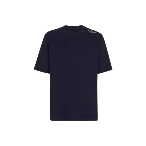 FENDI Logo Print Crew Neck Pane Short Sleeved T Shirt Men's Navy Blue