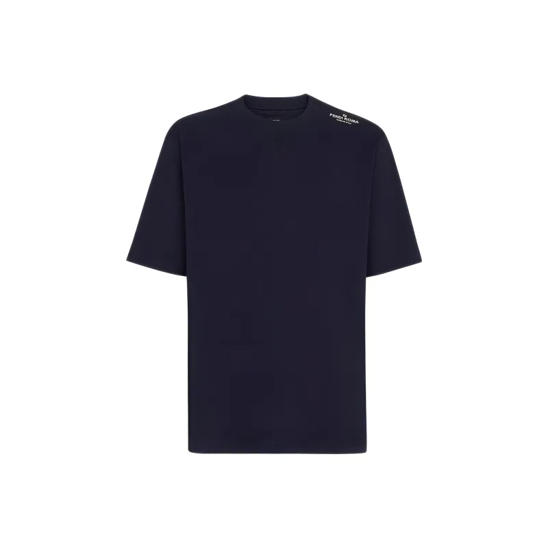 FENDI Logo Print Crew Neck Pullover Short Sleeved T Shirt Men's Navy Blue-0