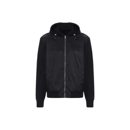 PRADA Men's Logo Zip Up Hooded Jacket Black