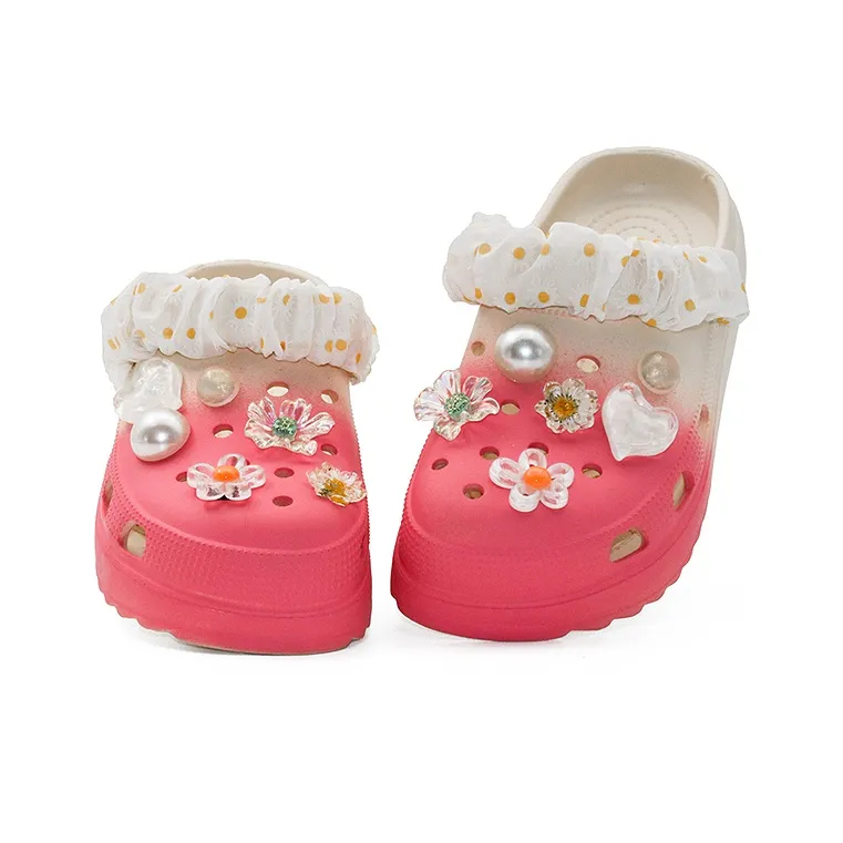 OUBT Pearl Crystal Floral, Laced Fabric Wrapped Clogs Women's Gradient Rose Red-2