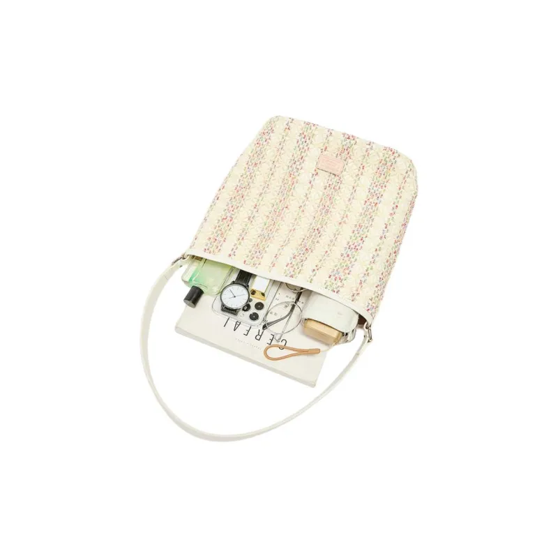 Three Blessings PU Bucket Bag, Shoulder Bag Medium Size Women's Ivory White-2