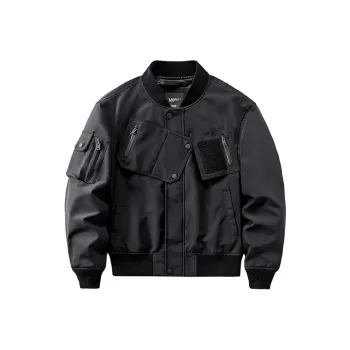 VIP Magnetic Buckle Design Multi Pocket Baseball Collar Workwear Jackets & Coats Unisex Black