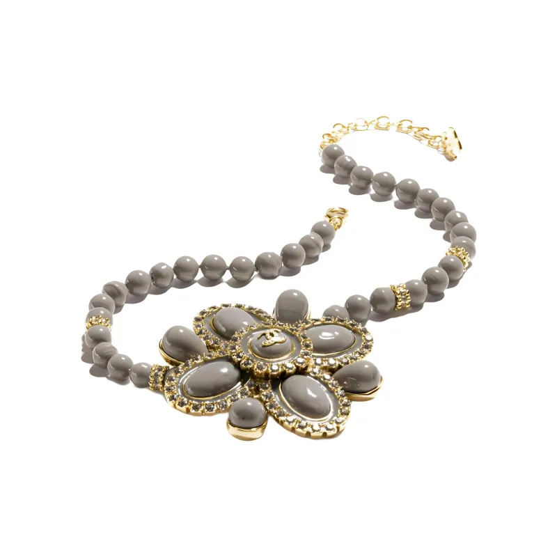 CHANEL Metal Resin Artificial Pearl Rhinestone Crystal Necklaces Unisex Gray-1