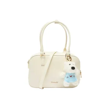 Three Blessings PU Boston Bag, One Shoulder Handbag Medium Size Women's Ivory White
