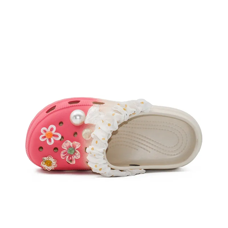 OUBT Pearl Crystal Floral, Laced Fabric Wrapped Clogs Women's Gradient Rose Red-4