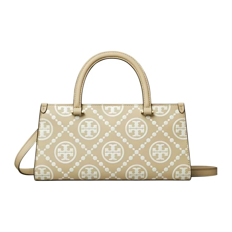 TORY BURCH T Monogram Leather Tote Bag, Shopping Bag, Shoulder Bag, Handbag Trumpets Women's Beige-0