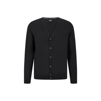 HUGO BOSS Button-Up Cardigan In Virgin Wool With Embroidered Logo Sweater Men's Black