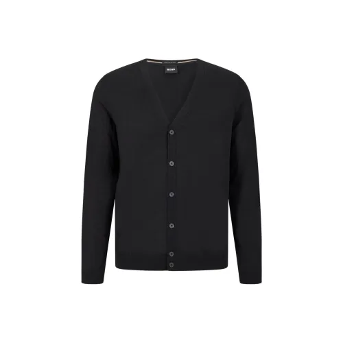 HUGO BOSS Button-Up Cardigan In Virgin Wool With Embroidered Logo Sweater Men's Black
