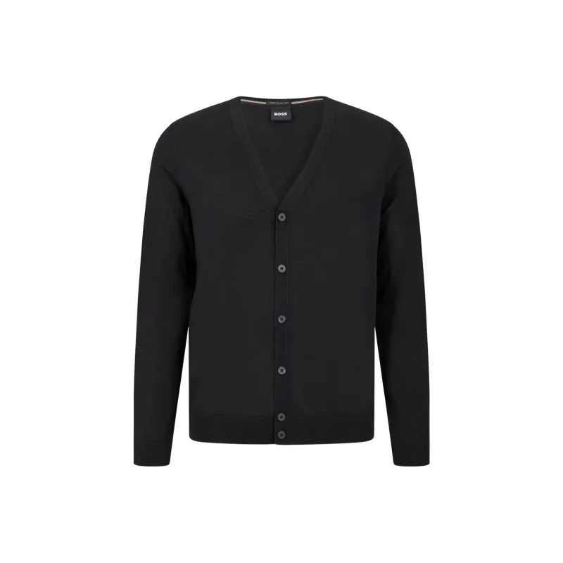 HUGO BOSS Button Up Cardigan In Virgin Wool With Embroidered Logo Sweater Men's Black-0