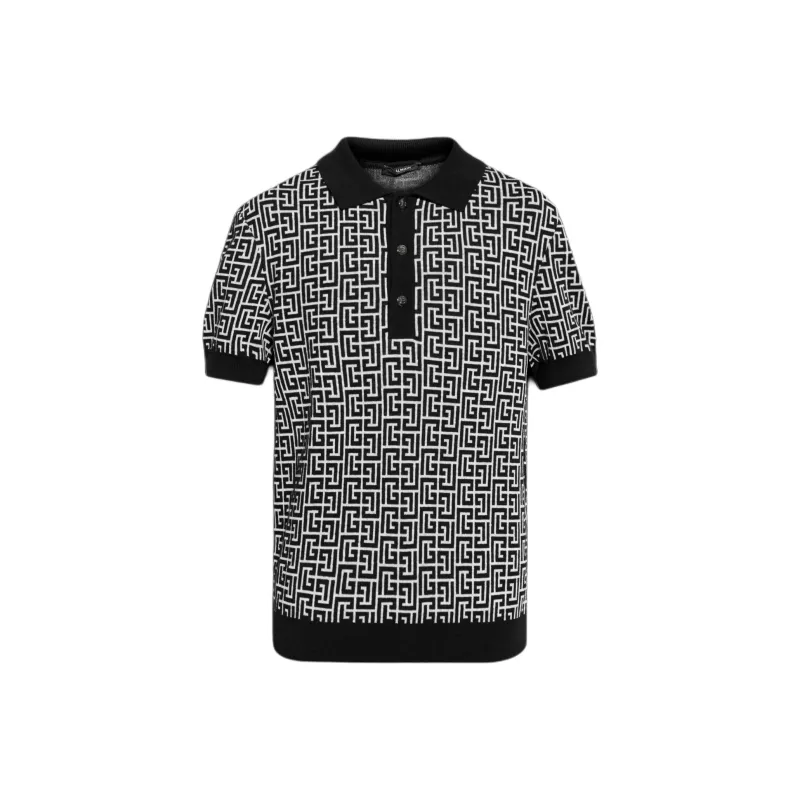 BALMAIN Monogram Printed Knitted Polo Shirt-0