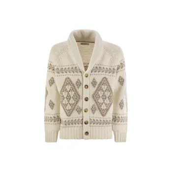 Brunello Cucinelli Geometric Pattern Intarsia Knit V Neck Cardigan