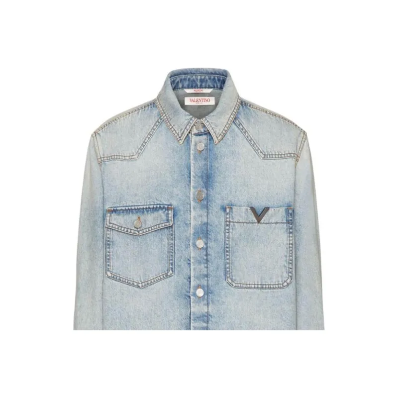 Valentino Logo Plaque Long Sleeved Denim Shirt-4