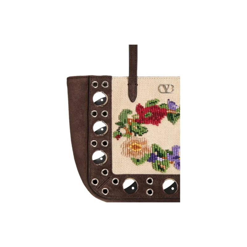 Valentino Linen Tote Bag, Shopping Bag, Shoulder Bag Mini Women's Deep Brown & Multicolor-5