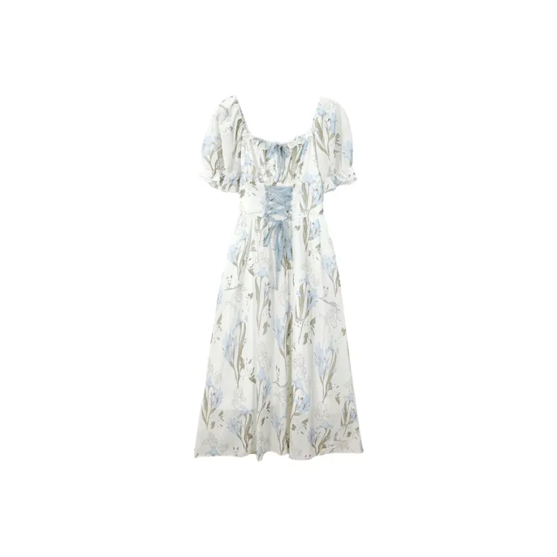 SYEEE WITH U Short Sleeved Dress Women's Blue Floral-1