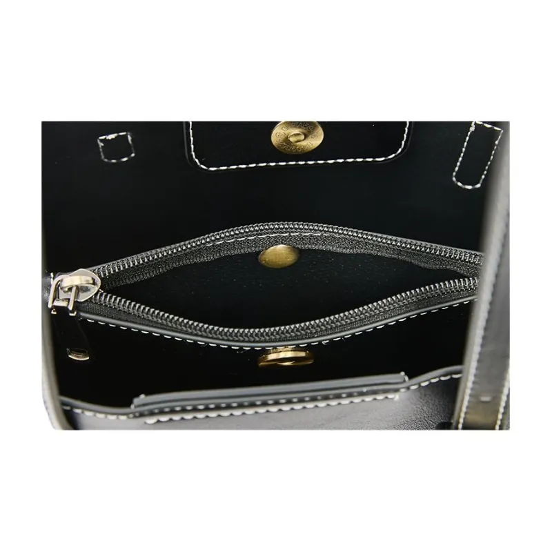 Three Blessings PU Tote Bag, Shopping Bag, Handbag, Shoulder Bag Medium Size Women's Black/Pure White-7