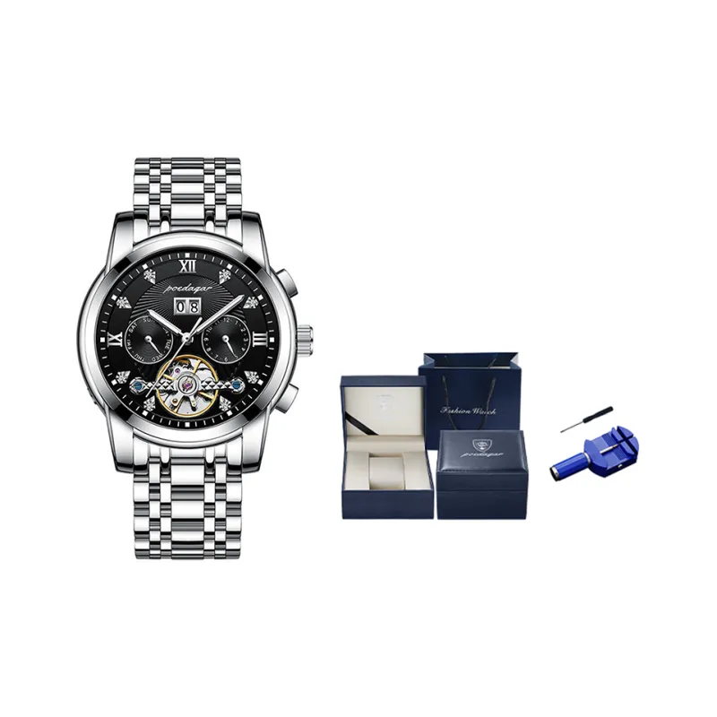 POEDAGAR Mechanical Movement Stainless Steel Watchband Men's Watches Black Dial-32
