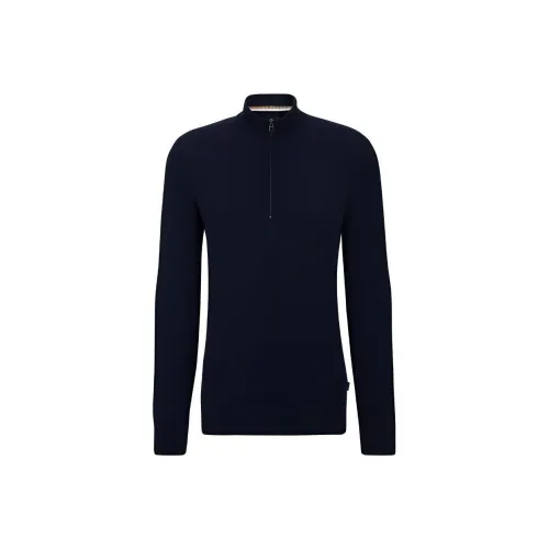 HUGO BOSS Zip Neck Sweater In Micro Structured Cotton Sweater Men's Blue