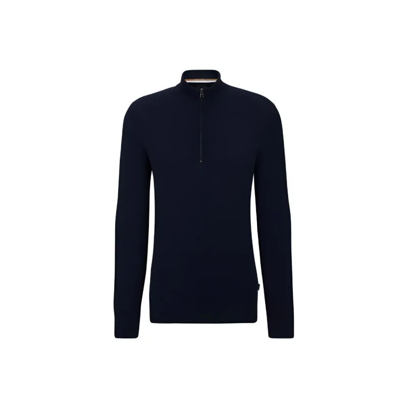 HUGO BOSS Zip Neck Sweater In Micro Structured Cotton Sweater Men's Blue-0