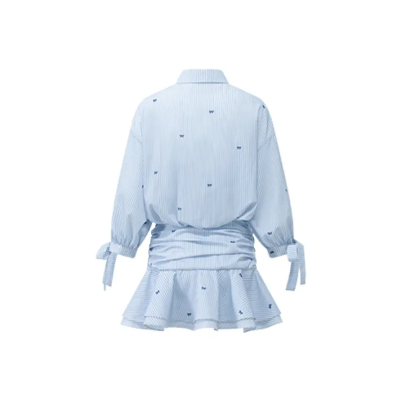 XIAOJUCHUANLI Long Sleeved Dress Women's Blue White Stripes-1