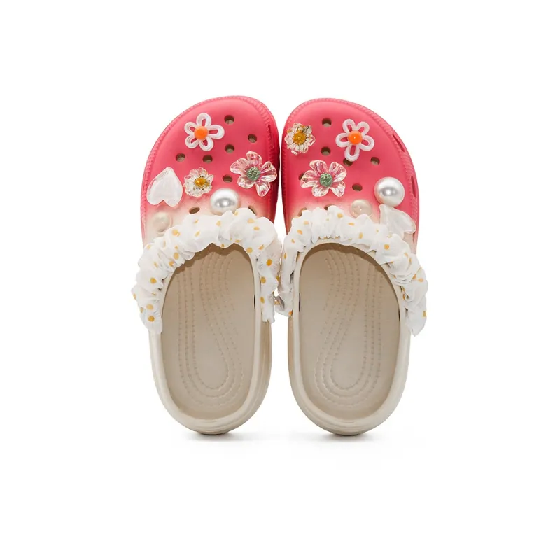 OUBT Pearl Crystal Floral, Laced Fabric Wrapped Clogs Women's Gradient Rose Red-3