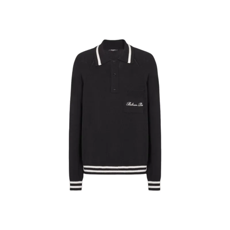 BALMAIN Logo Embroidered Long Sleeve Polo Shirt-0