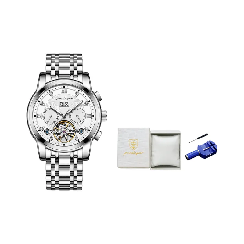 POEDAGAR Mechanical Movement Stainless Steel Watchband Men's Watches Black Dial-8