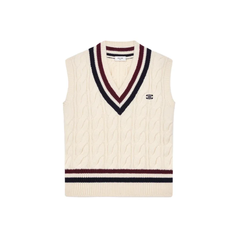 CELINE Triomphe Cashmere V Neck Cable Knit Vest-0