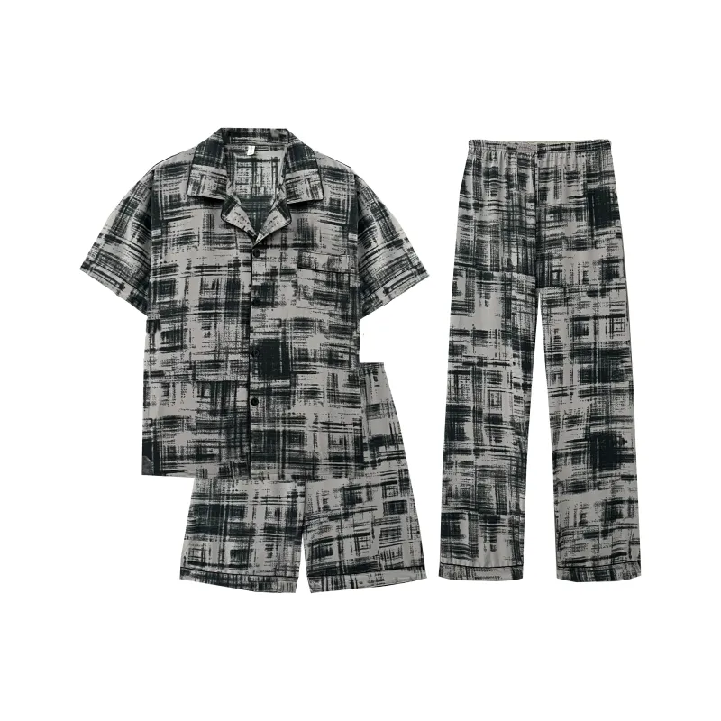 Qiao Ni Tong Pajama Set Men's Ink Drawn Plaid-0