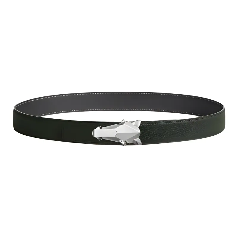 HERMES Horse Head Decoration Leather Belts Men's Black Width 3.2CM-1