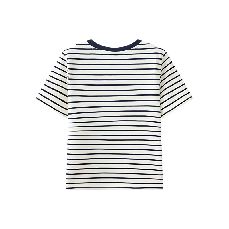 Three Blessings T Shirt Women's Apricot Base With Blue Stripes-1