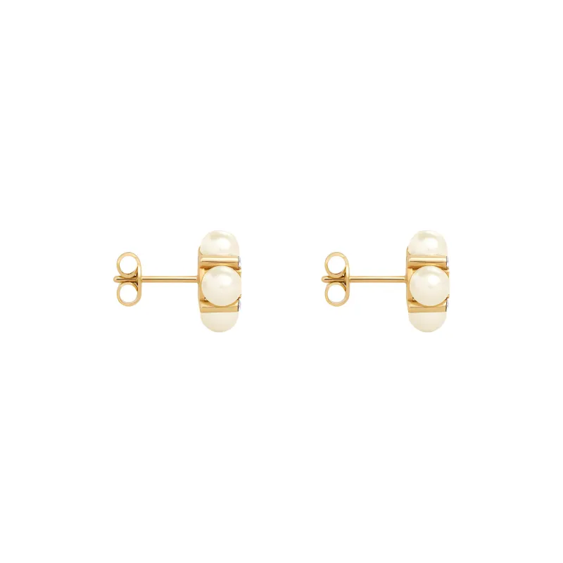 CELINE Brass, Rhinestone, Resin, Pearl Stud Earrings Women's Gold-1