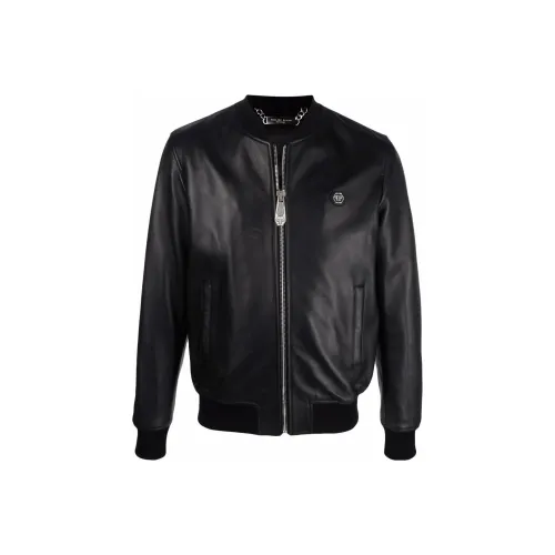 PHILIPP PLEIN Logo patch Leather Bomber Jacket